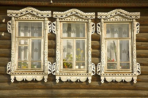 Decorated window of a Russian wooden house, village Lomovka, russia