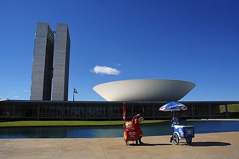 Iceman in front of the congress building (congresso nacional) in Brasilia, Brazil. The building was designed by the Architect Oscar Niemeyer.