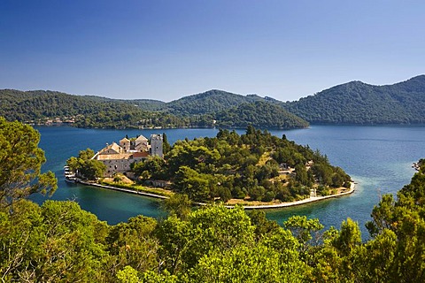 Benedictine Monastery on St. Mary Island in Veliko Jezero, Large Lake, in Mljet National Park, Mljet Island, Dubrovnik-Neretva, Dalmatia, Croatia, Europe