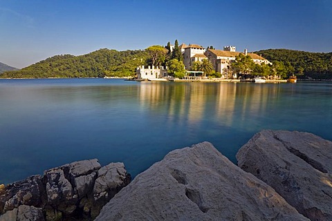 Benedictine Monastery on St. Mary Island in Veliko Jezero, Large Lake, in Mljet National Park, Mljet Island, Dubrovnik-Neretva, Dalmatia, Croatia, Europe