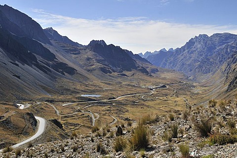 Landscape in the Andes with Deathroad, Altiplano, La Paz, Bolivia, South America