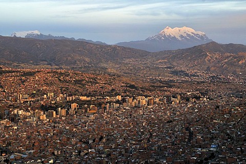 View over La Paz towards the glaciers on the Illimani mountain, 6439m, Bolivia, South America