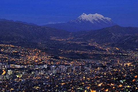 View over La Paz towards the glaciers on the Illimani mountain, 6439m, Bolivia, South America