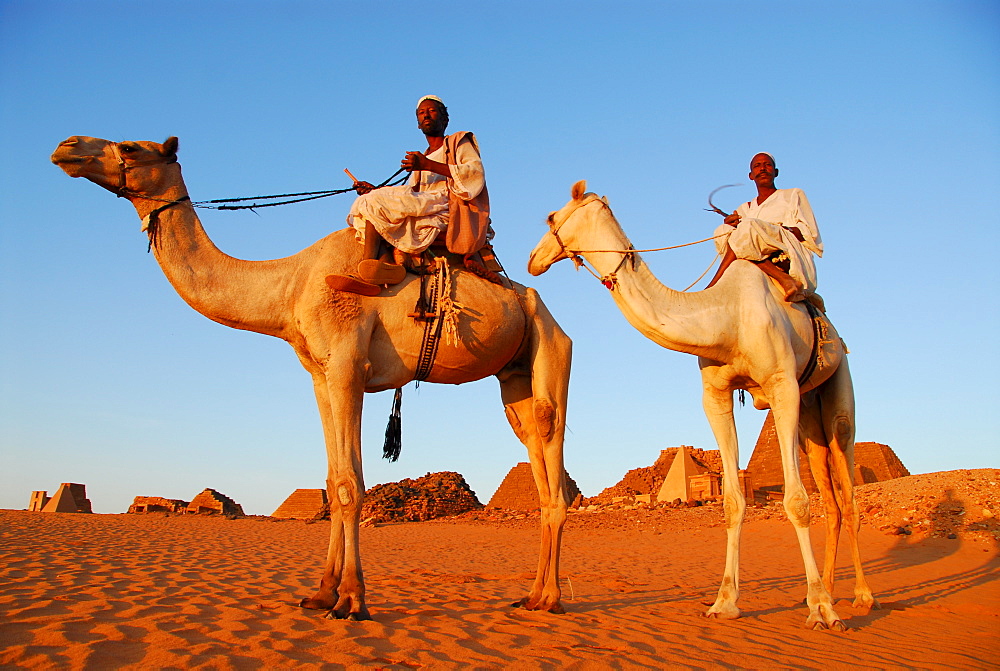 Nomads on camels in front of the pyramids of Meroe, Meroe, Sudan