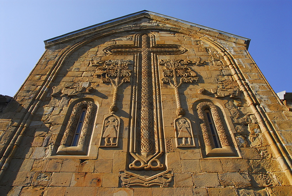 Stone relief, church at Ananuri Fortress, Shinwali Lake, Ananuri, Georgia, Asia