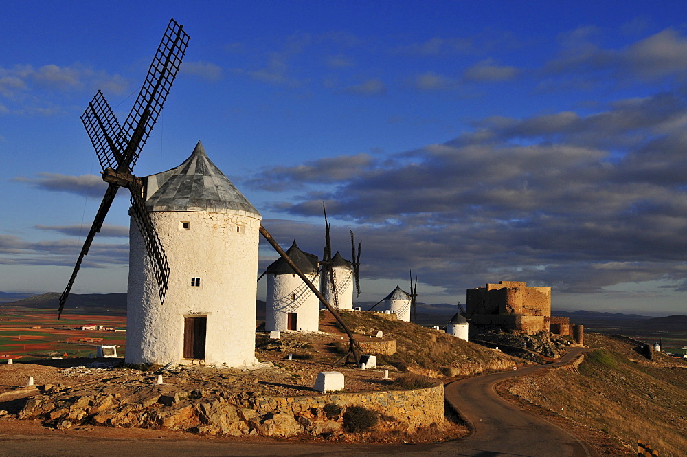 Windmills in morning light, Campo de Criptana, Castilla-La Mancha region, Spain