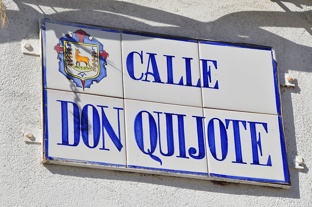 Tile street sign, Calle Don Quijote, Don Quixote Street, El Toboso, Castilla-La Mancha region, Spain