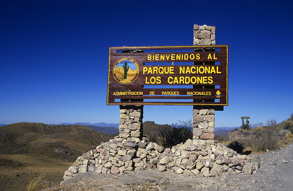 Sign at the entrance to Parque Nacional Los Cardones, Los Cardones National Park, Salta Province, Argentina