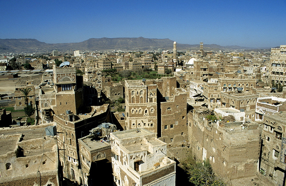 View over the rooftops and minarets in the historic centre of Sanaa, Yemen, Middle East