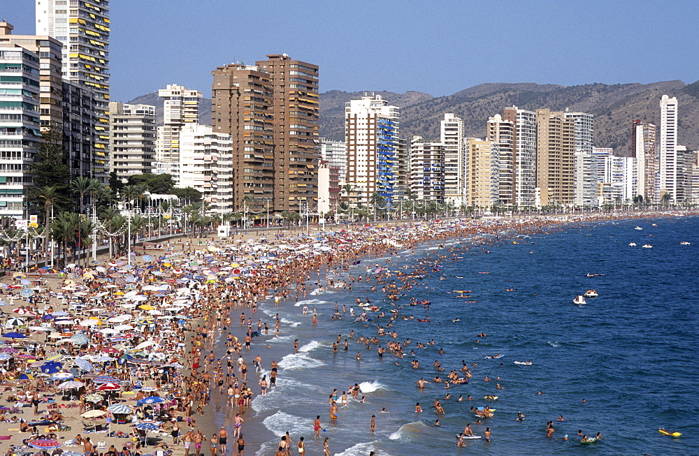 Playa Levante Beach during midsummer, Benidorm, Costa Blanca, Spain, Europe