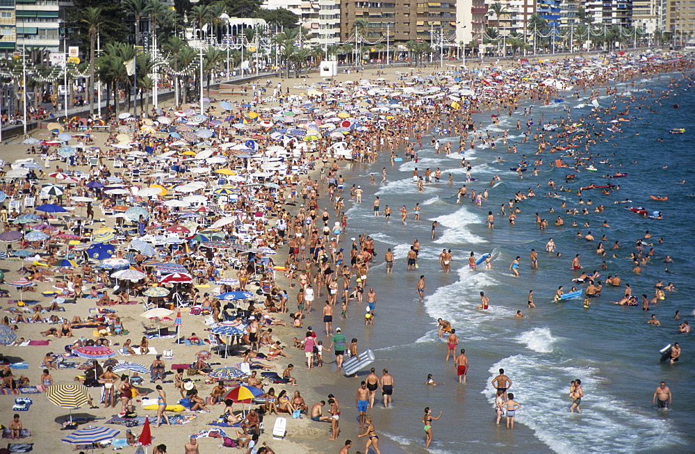 Playa Levante Beach during midsummer, Benidorm, Costa Blanca, Spain, Europe