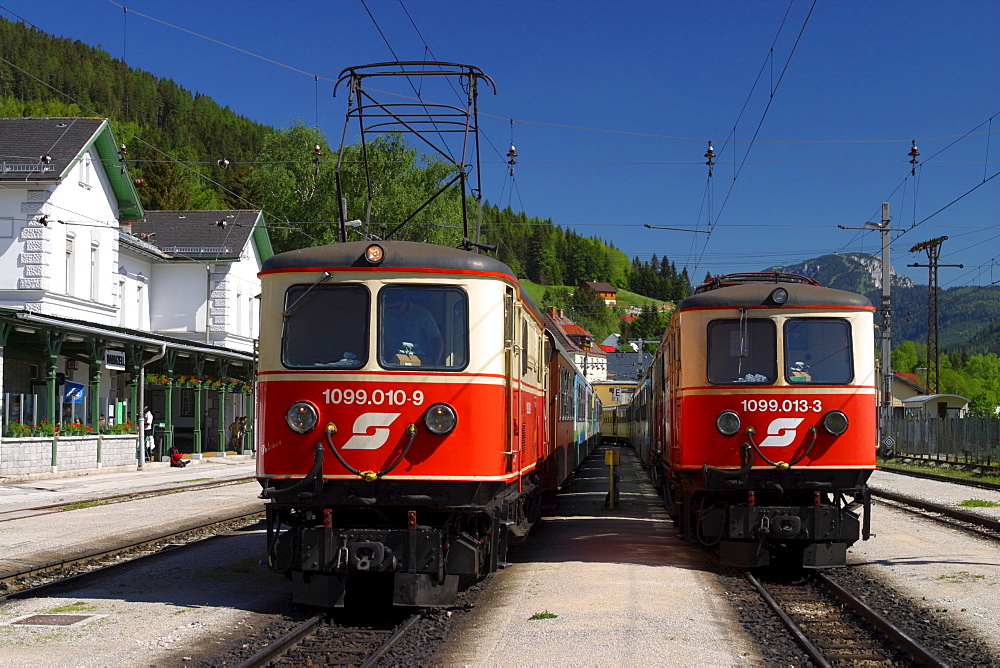 Locomotives of Austrian Federal Railways in Mariazell Railway Station, Austria, Styria