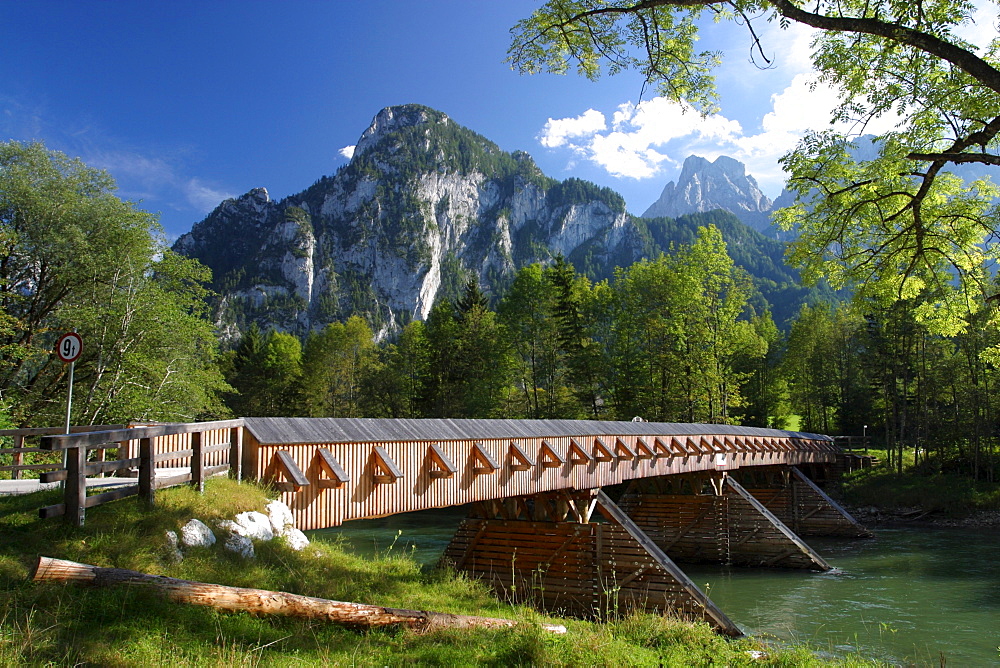 Bridge crossing Enns river, Gesaeuse Nationalpark, Styria, Austria
