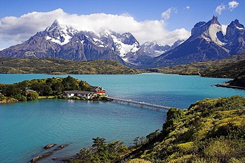 Hosteria Pehoe at Pehoe Lake, Torres del Paine National Park, Patagonia, Chile