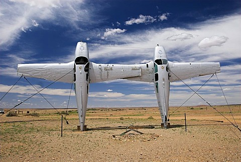 Sculpture with two old airplanes in the outback, South Australia, Australia