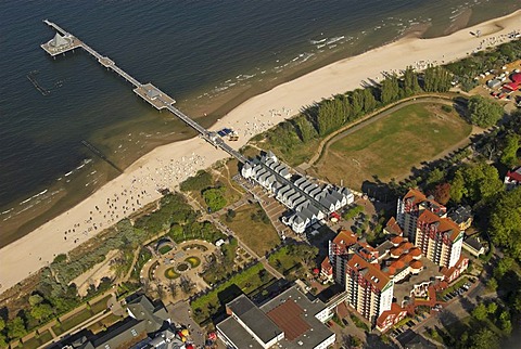 Aerial view of Heringsdorf and its pier at sea, Usedom island, Mecklenburg Western Pomerania, Germany, Europe