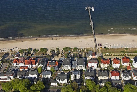 Aerial view of Bansin and its pier at sea, Usedom island, Mecklenburg Western Pomerania, Germany, Europe