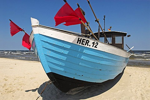 Fisher boat at the beach of Heringsdorf, Usedom island, Mecklenburg Western Pomerania, Germany, Europe