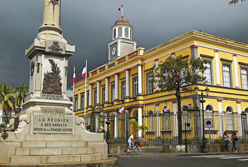 City hall and monument for soldiers killed in action in the capital St. Denis, La Reunion Island, France, Africa