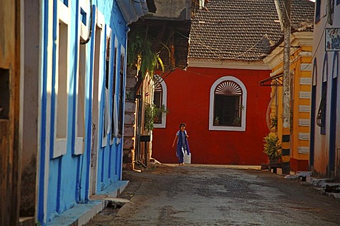 India, Goa, Panjim, colourfull houses in the old town