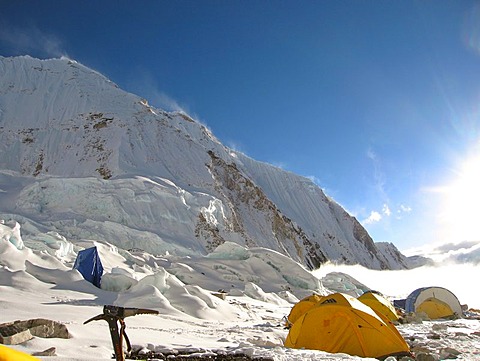 Yellow tents and peak in Camp II, 2, Mount Everest, Himalaya, Nepal