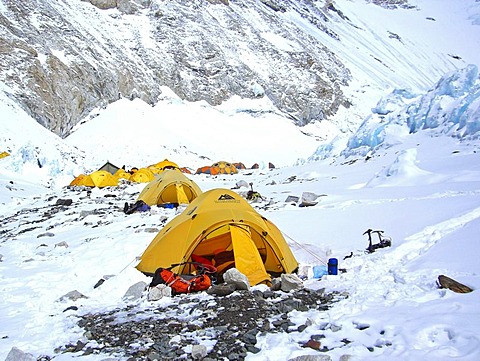 Yellow tents in Camp II, 2, ca. 6500m, Western Camp, Mount Everest, Himalaya, Nepal