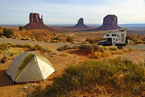 Tent and pick up with camping cabin at the camping site of the Monument Valley, Arizona, USA