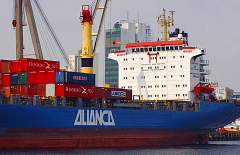 Container ship of the Alianca company (Oetker Group) in the port of Manaus Amazonas Brazil