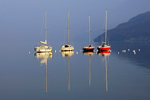 Anchoring boats on Lake of Annecy, Lac d'Annecy, Duingt, Haute-Savoie France