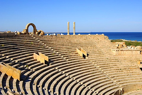 Curved rows of seats, theatre, Roman ruins, Leptis Magna, Libya