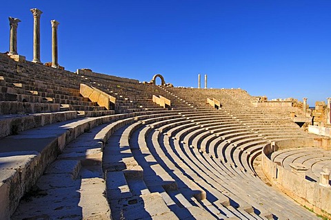 Curved rows of seats, theatre, Roman ruins, Leptis Magna, Libya