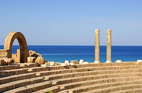 Curved rows of seats, theatre, Roman ruins, Leptis Magna, Libya