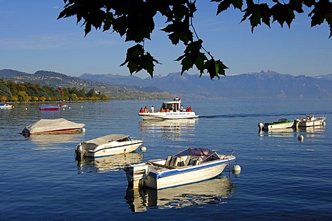 Life guard boat on Lake Geneva near Ouchy, Lausanne, Switzerland