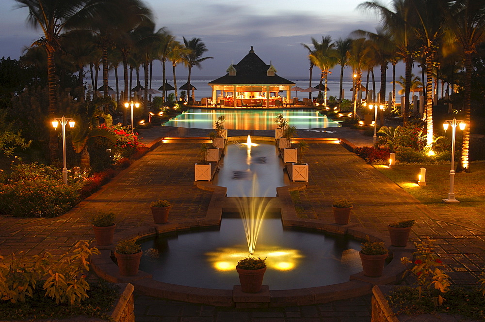 Twilight at the pool bar, Hotel Le Telfair, Mauritius