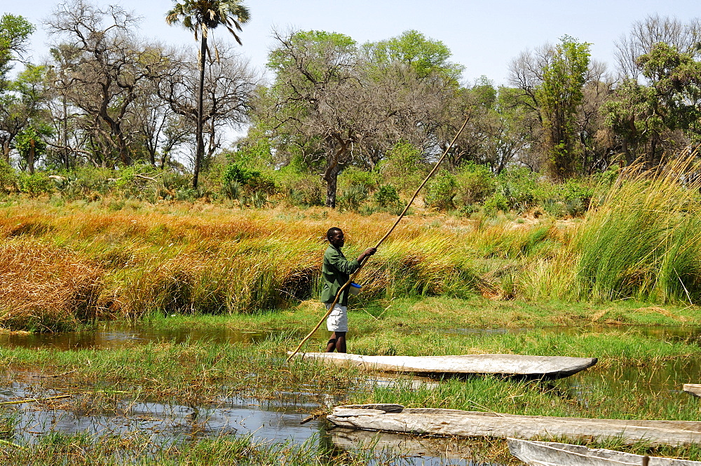 Local man in a Mokoro canoe, Okavango-Delta, Botswana