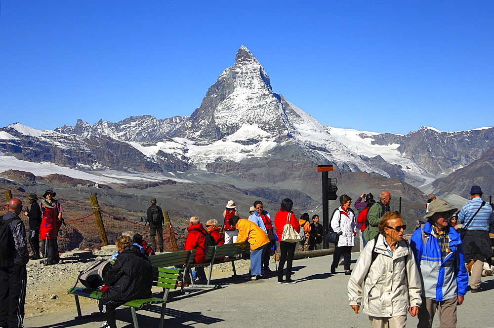 Tourists on the Gornergrat plateau, Matterhorn, Mont Cervin, Zermatt Valais Switzerland