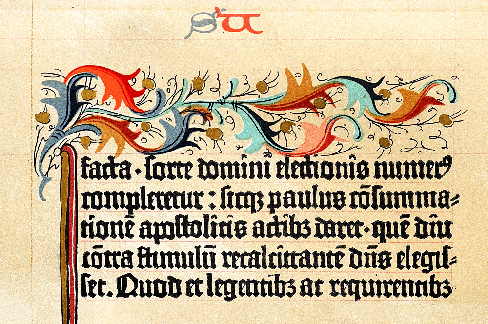 Gothic Miniscule script on parchment from the Gutenberg Bible dating to circa 1455, originally part of a collection in Leipzig that was lost after 1945; reproduction dating to 1886