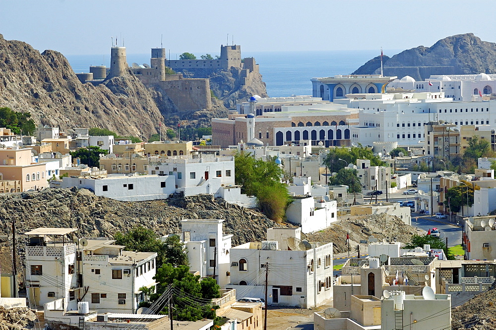 View towards Old Muscat, historic centre, Fort Mirani in the back, Oman, Middle East