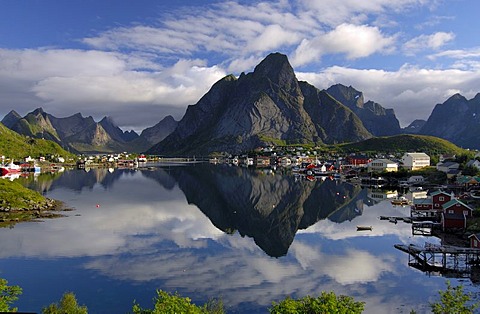 Village reflecting in the ocean, Reine, Lofoten, Norway