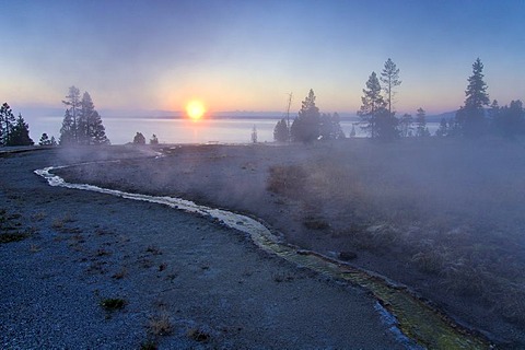 Morning fog at Yellowstone Lake, Yellowstone National Park, Wyoming, USA, United States of America