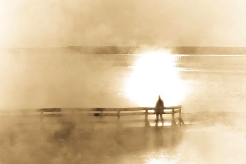 Break of dawn at the waterside of Yellowstone Lake, Yellowstone National Park, Wyoming, USA, United States of America