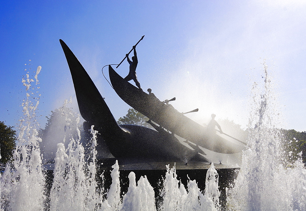 Controversial whaling monument by Norwegian sculptor Knut Steen, fountain and rainbow, Sandefjord, Vestfold, southern Norway, Scandinavia