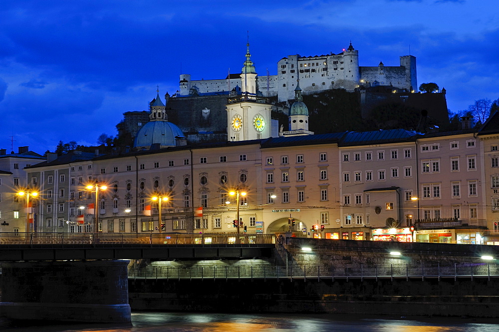 View of the historic centre and Hohensalzburg Fortress across the Salzach River, Salzburg, Austria, Europe