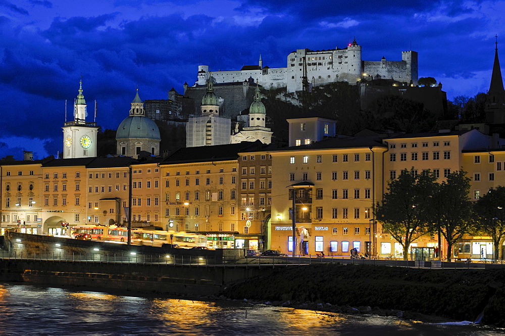 View of the historic centre and Hohensalzburg Fortress across the Salzach River, Salzburg, Austria, Europe