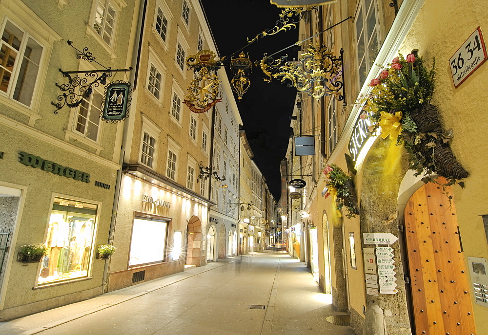 Getreidegasse alley at night, Salzburg, Austria, Europe