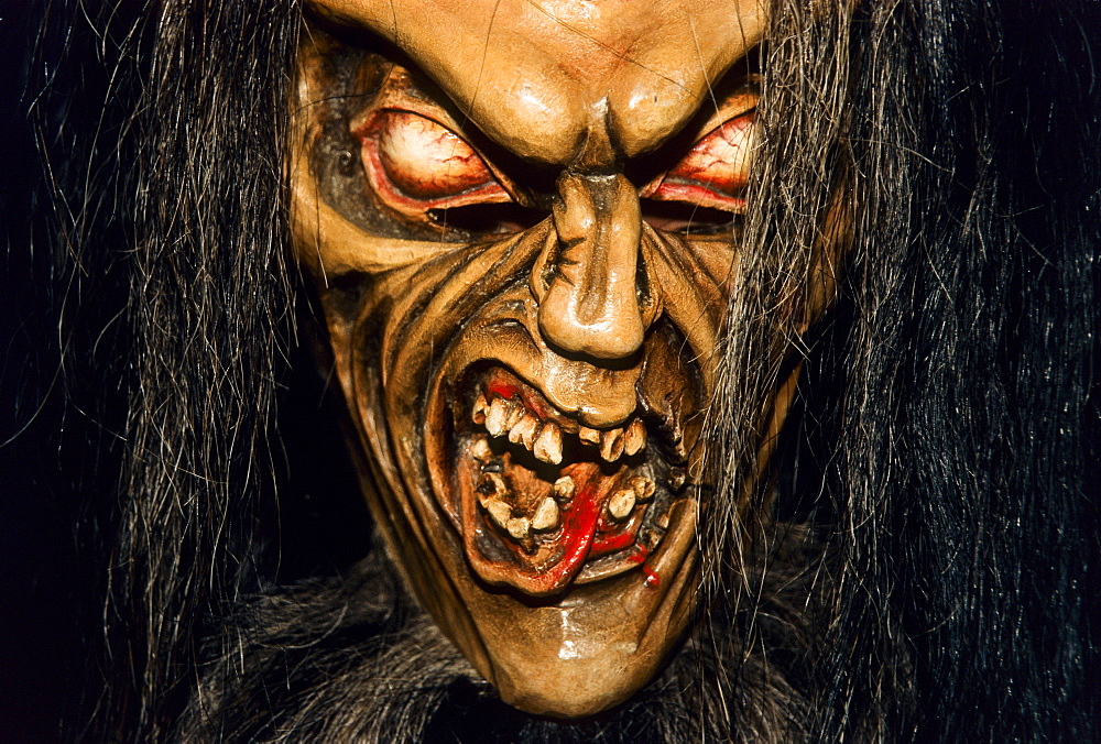 Krampus or devil mask, carved wooden mask