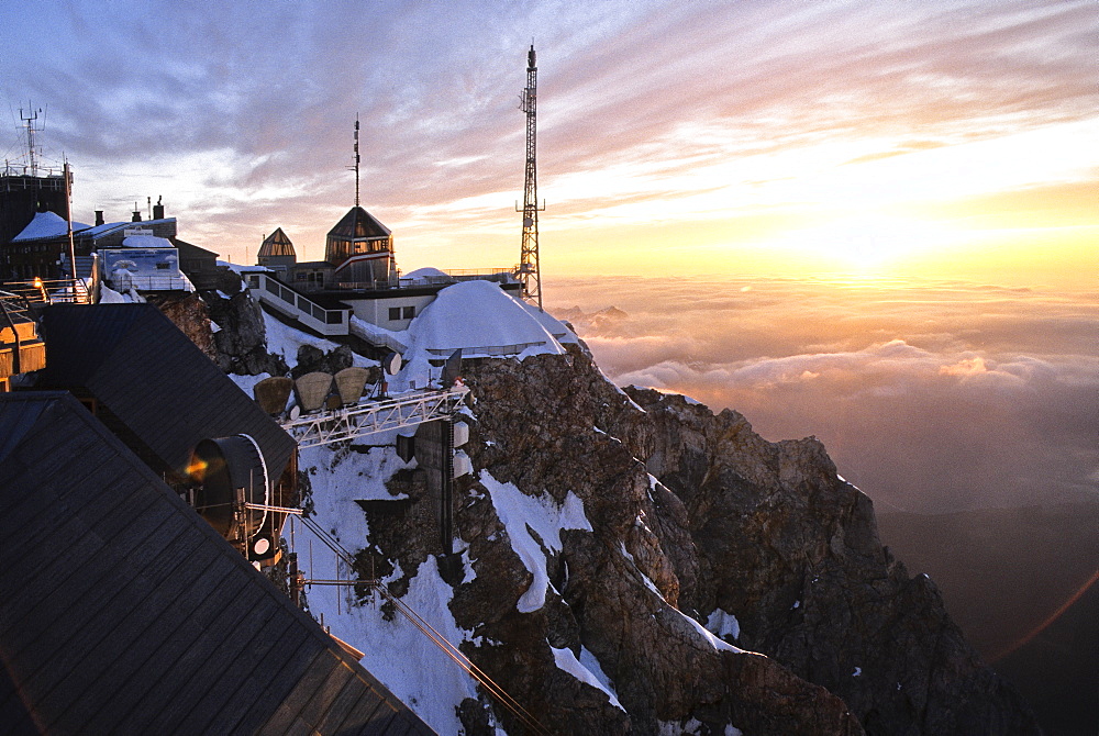 Austrian mountain hotel on Mount Zugspitze at sunset, Tyrol, Austria, Europe