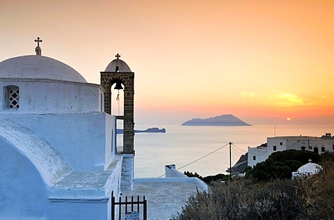 Domed church Pangia Thalassitra, church on Milos with a view over the sea at sunset, Plaka, Cyclades, Greece, Europe