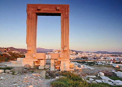 Gateway to antiquity, giant door or Portara of the Temple of Apollo at the town of Naxos, Cyclades Island Group, Greece, Europe