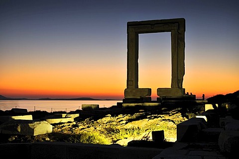 Gateway to antiquity, giant door or Portara of the Temple of Apollo at the town of Naxos, Cyclades Island Group, Greece, Europe